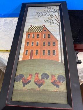 Framed Rooster and House folk Art